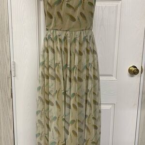 Fossil Tea Length Dress Women's 6 Olive Green Feather Print Sheer Layered